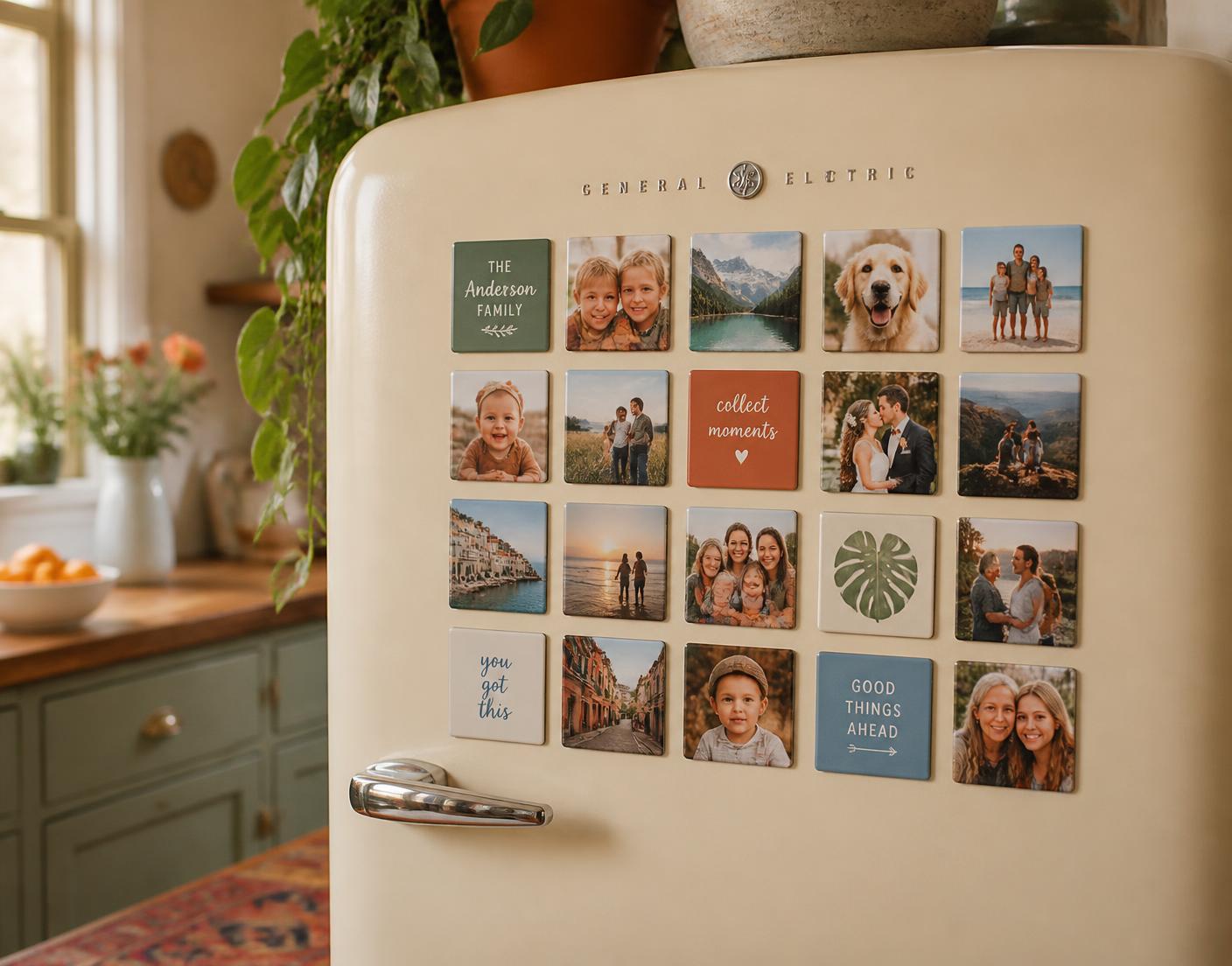 A collection of colorful personalized photo magnets arranged on a cream vintage refrigerator door